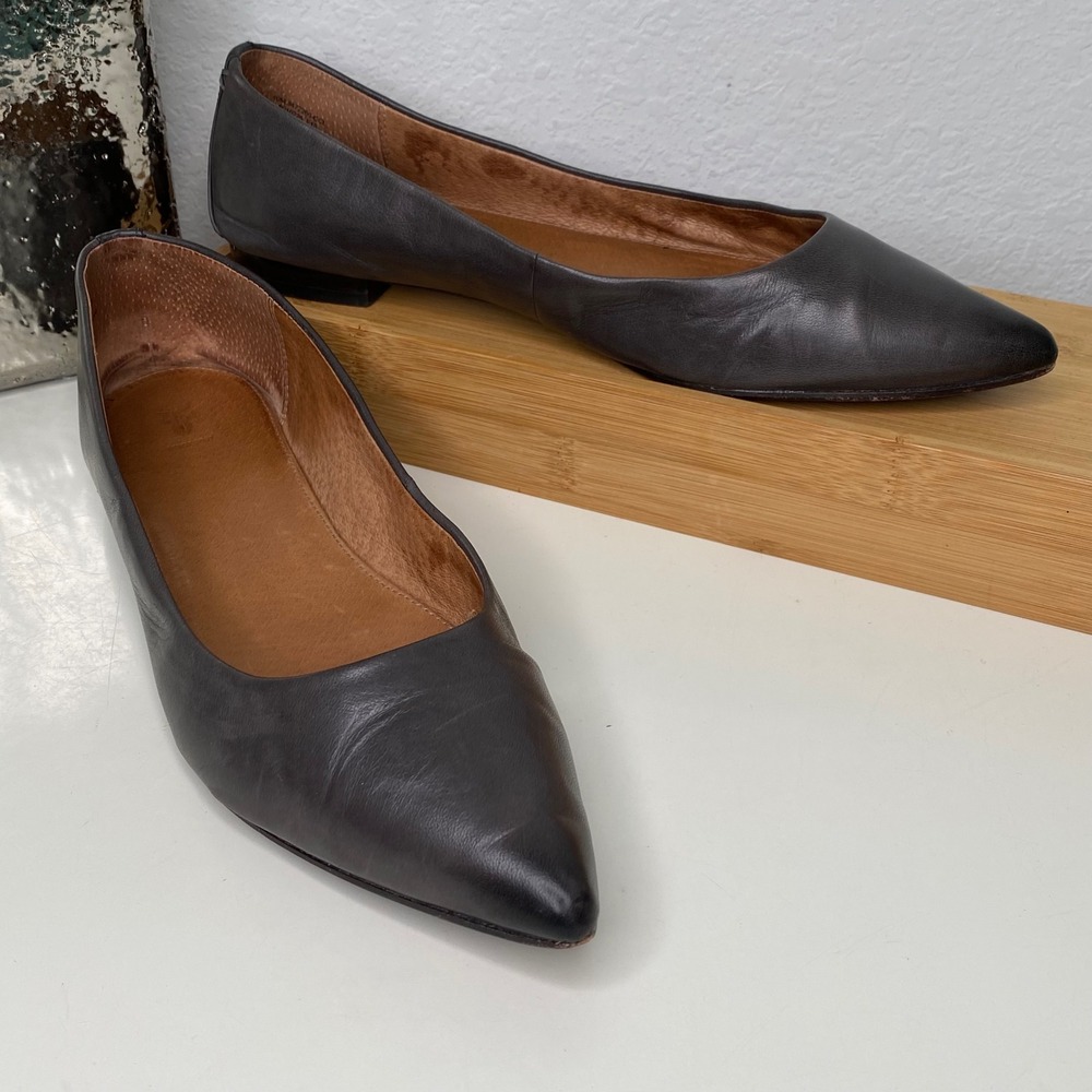 Frye Sienna Pointed Toe Flats Womens Dark Grey Leather Slip On Minimalist 10M